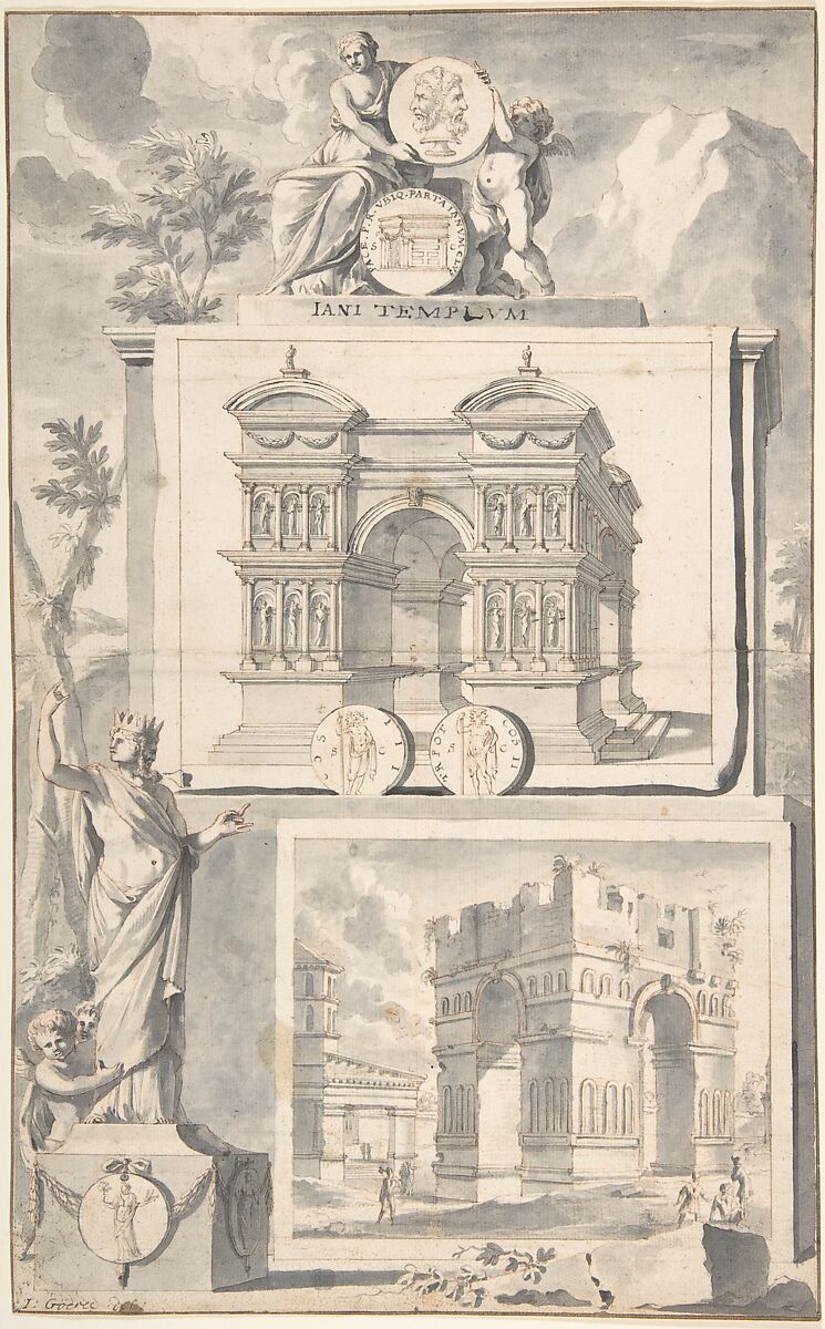 A Reconstruction of the Temple of Janus (above) and a View of the Ruins (below), Jan Goeree (Dutch, Middelburg 1670–1731 Amsterdam), Pen and black ink, brush and gray wash over red chalk 