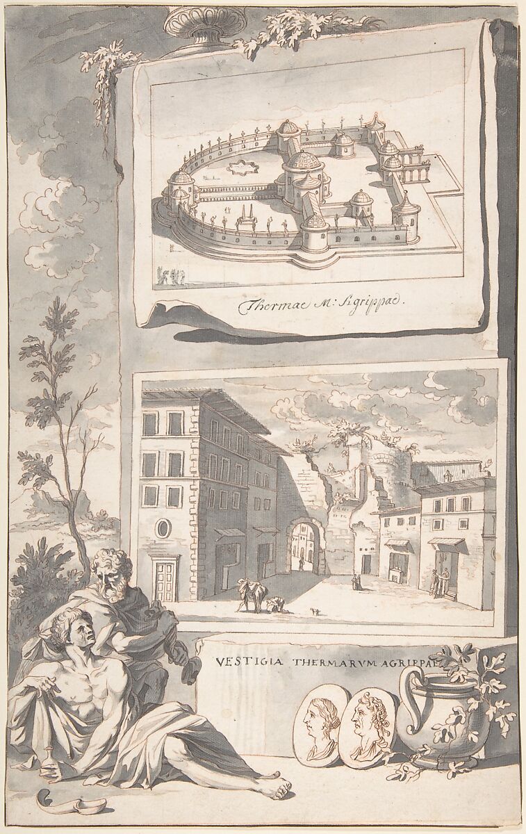 A Reconstruction of the Thermae Agrippae (above) and a View of the Ruins (below), Jan Goeree (Dutch, Middelburg 1670–1731 Amsterdam), Red chalk, brush and gray wash, pen and brown ink; upper image squared in black chalk 