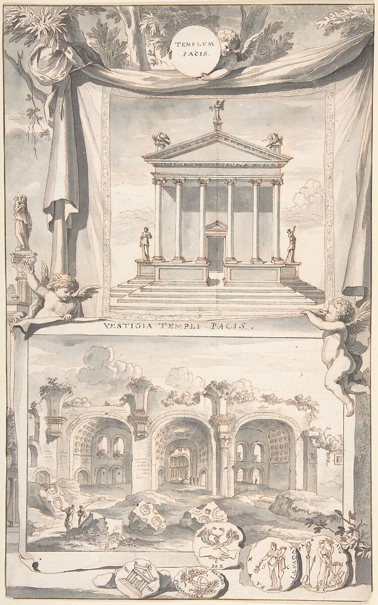 A Reconstruction of the Templum Pacis (above) and a View of the Ruins (below), Jan Goeree (Dutch, Middelburg 1670–1731 Amsterdam), Pen and black and brown ink, brush and gray wash over red and black chalk 