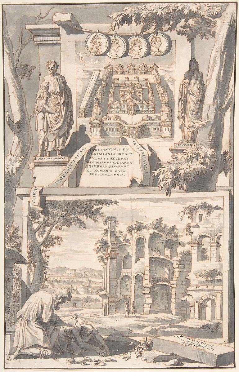A Reconstruction of the Thermae of Diocletian (above) and a View of the Ruins (below), Jan Goeree (Dutch, Middelburg 1670–1731 Amsterdam), Red chalk, brush and gray wash, pen and brown ink, over traces of black chalk 