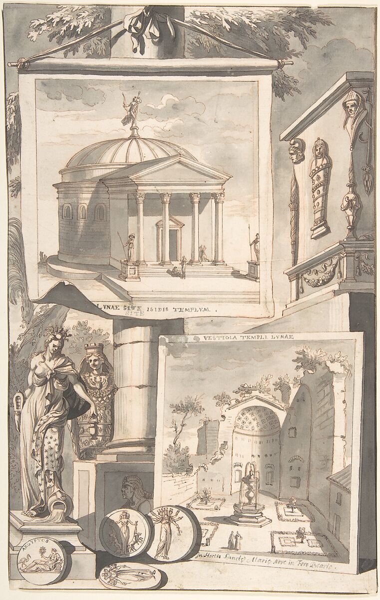 A Reconstruction of the Templum Isis (above) and a View of the Ruins (below), Jan Goeree (Dutch, Middelburg 1670–1731 Amsterdam), Pen and black and brown ink, brush and gray wash, red chalk and traces of black chalk 