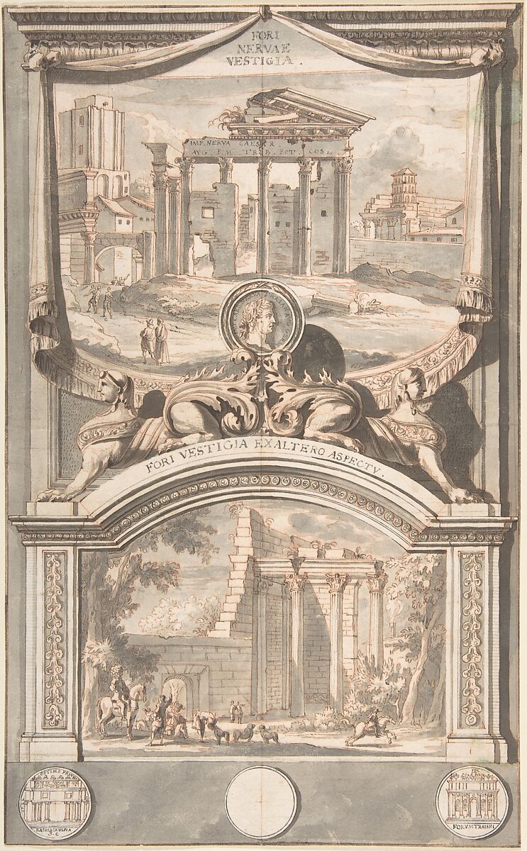 Ruins of the Forum of Nerva (above) and Another View of the Ruins (below), Jan Goeree (Dutch, Middelburg 1670–1731 Amsterdam), Red chalk, pen and black and brown ink, brush and gray wash, over black chalk 