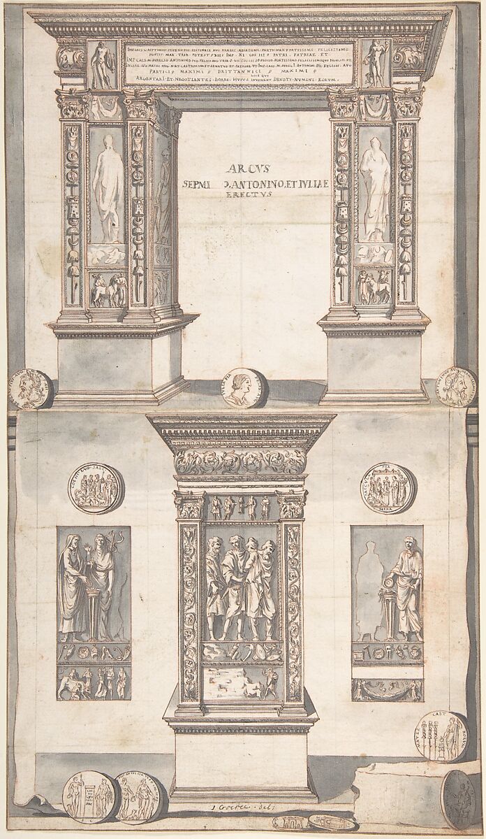 Arch of Septimius Severus, Frontal Elevation (above) and Side View (below), Jan Goeree (Dutch, Middelburg 1670–1731 Amsterdam), Red chalk, pen and brown and black ink, brush and gray wash, over black chalk 