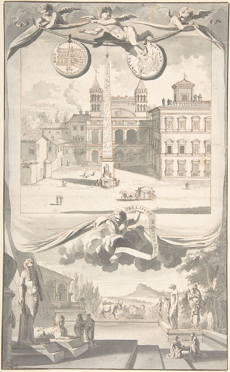 A View of the Obelisk and Saint John in Lateran (above) and a View of an Egyptian Site (?) (below), Jan Goeree (Dutch, Middelburg 1670–1731 Amsterdam), Pen and black and brown ink, brush and gray wash, over graphite and red chalk; incised 