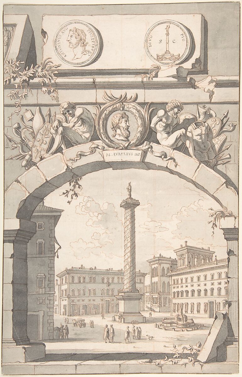 View of the Column of Marcus Aurelius, Jan Goeree (Dutch, Middelburg 1670–1731 Amsterdam), Red chalk, brush and gray wash, pen and black ink, over traces of black chalk; partially squared in red chalk 