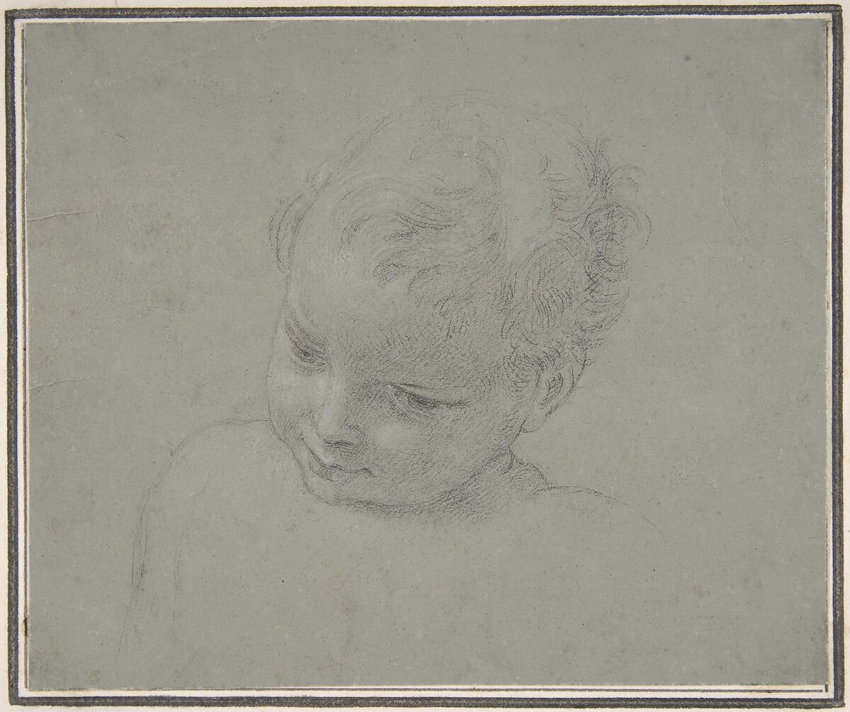 Bust-Length Study of a Child, Pompeo Batoni (Italian, Lucca 1708–1787 Rome), Black chalk, hightlighted with white chalk, on blue-gray paper 