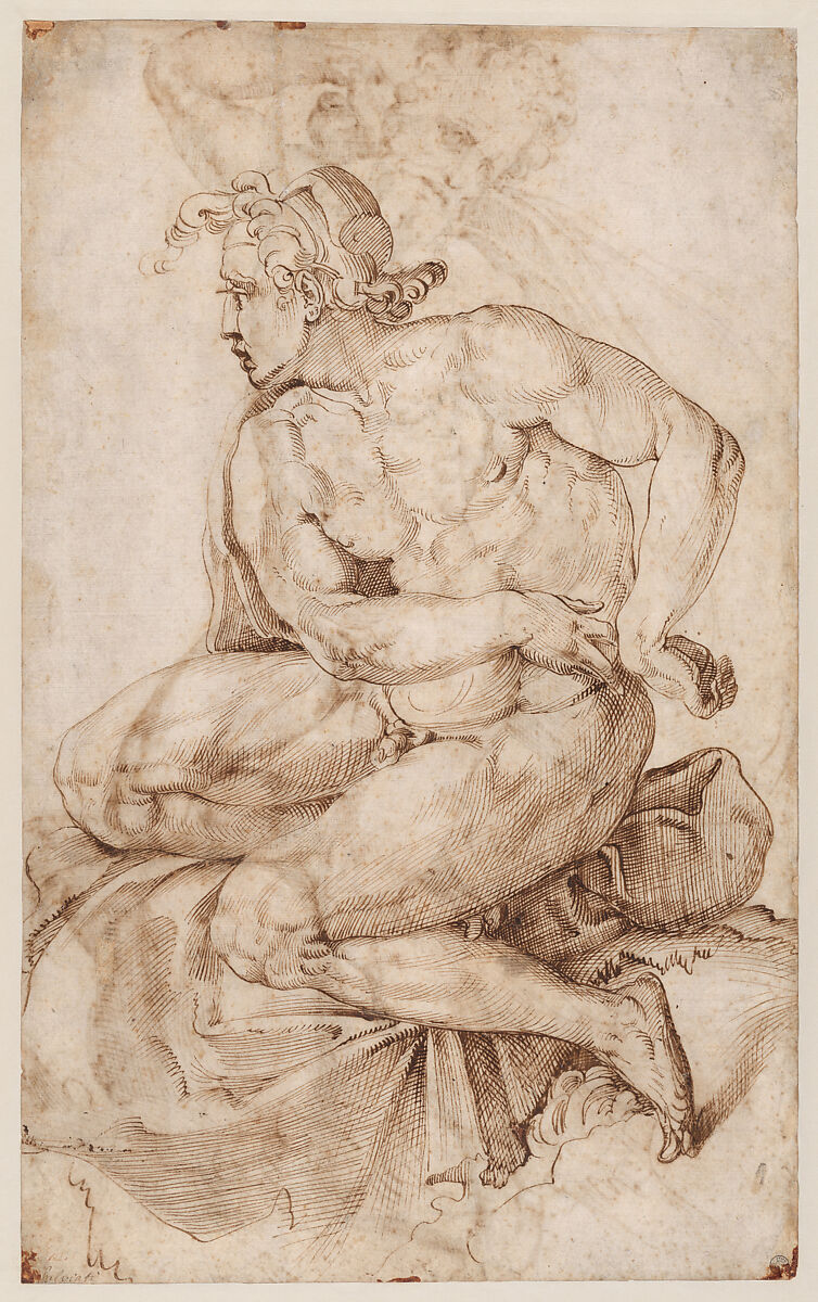Seated Nude Youth, facing left (recto); Bearded Nude Male Figure in a Half-Kneeling Pose, Holding Drapery Behind his Back (verso), Francesco Salviati (Francesco de&#39; Rossi) (Italian, Florence 1510–1563 Rome), Pen and (iron gall) brown ink (recto and verso) 