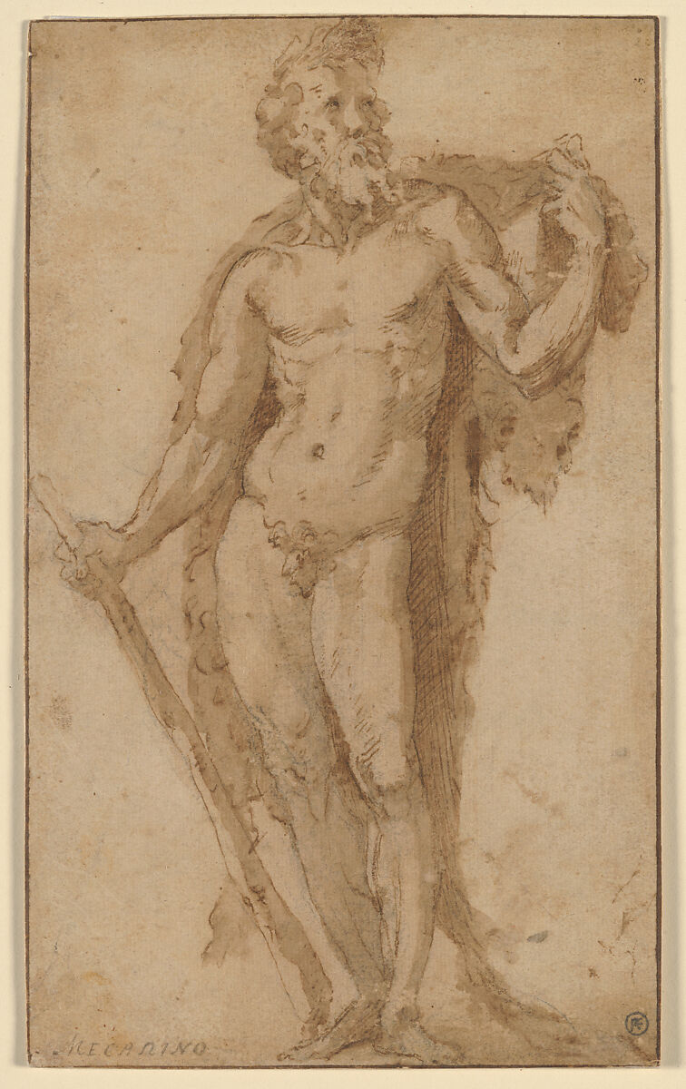 Hercules, Standing with a Club, Domenico Beccafumi (Italian, Cortine in Valdibiana Montaperti 1484–1551 Siena), Pen and brown ink, brush and brown wash, over traces of black chalk 