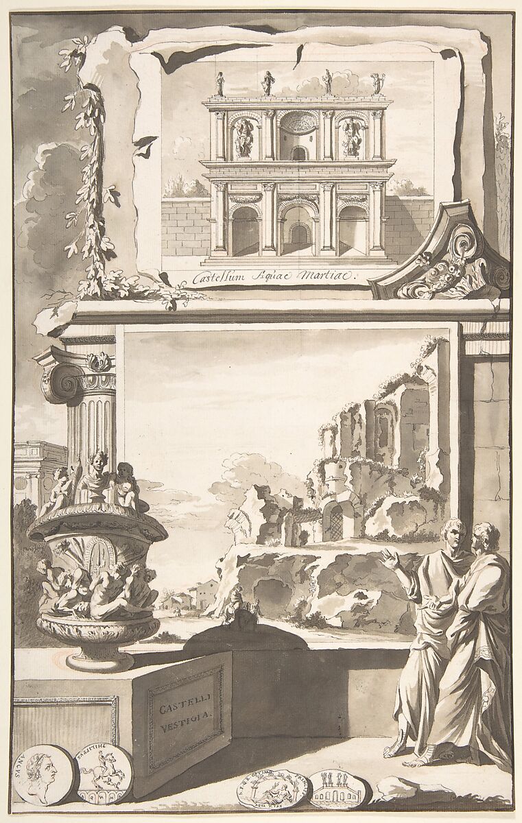 A Reconstruction of the Castellum Aquiae Martiae (above) and a View of the Ruins (below), Jan Goeree (Dutch, Middelburg 1670–1731 Amsterdam), Pen and black ink, brush and brown wash, over traces of red and black chalk 