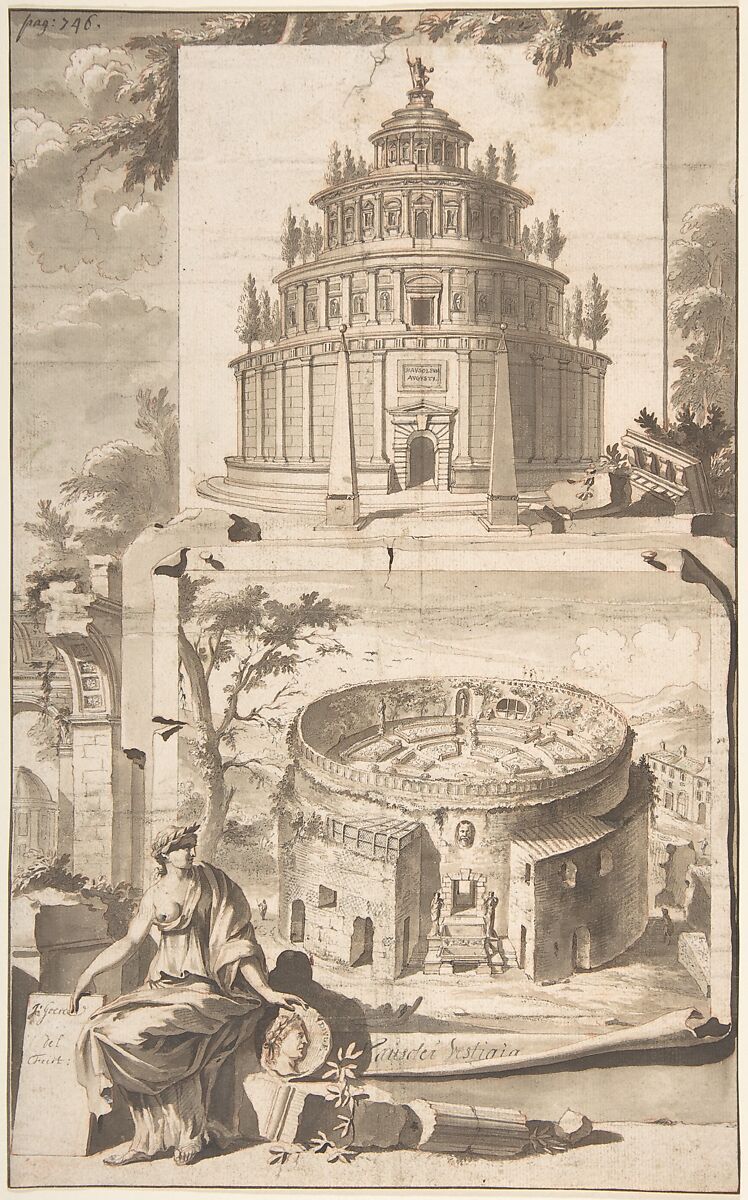 A Reconstruction of the Mausoleum of Augustus (above) and a View of the Ruins (below), Jan Goeree (Dutch, Middelburg 1670–1731 Amsterdam), Pen and black ink, brush and brown wash, red chalk 