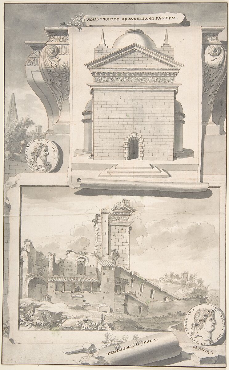 A Reconstruction of the Aurelian Temple of the Sun (above) and a View of the Ruins (below), Jan Goeree (Dutch, Middelburg 1670–1731 Amsterdam), Pen and black and brown ink, brush and gray wash, traces of red chalk; incised 