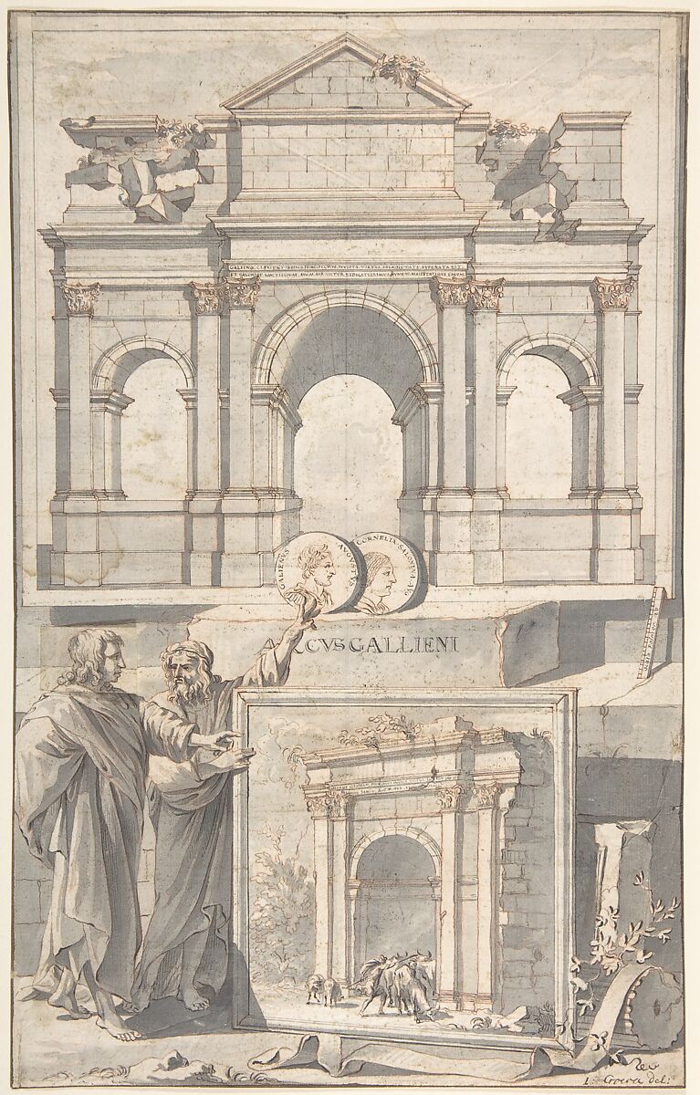 A Reconstruction of the Arch of Gallienus (above) and a View of the Ruins (below), Jan Goeree (Dutch, Middelburg 1670–1731 Amsterdam), Red chalk, pen and black and brown ink, brush and gray wash.
Note: A square of paper (1 3/16 x 13/16 in.) is affixed along left margin to the drawing on top of the head of the man at the far left in order to change the position of his head from looking downwards to straight ahead. 