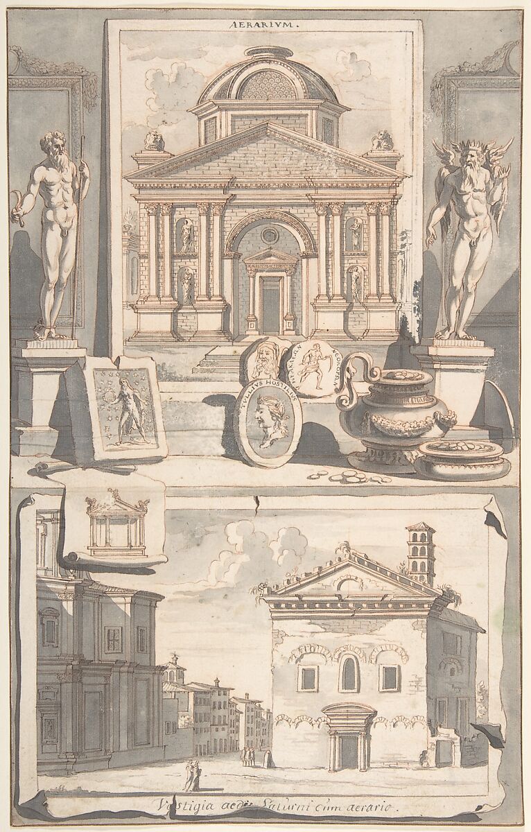 A Reconstruction of the Aerarium (above) and a View of the Ruins (below), Jan Goeree (Dutch, Middelburg 1670–1731 Amsterdam), Red chalk, pen and black and brown ink, brush and gray wash 