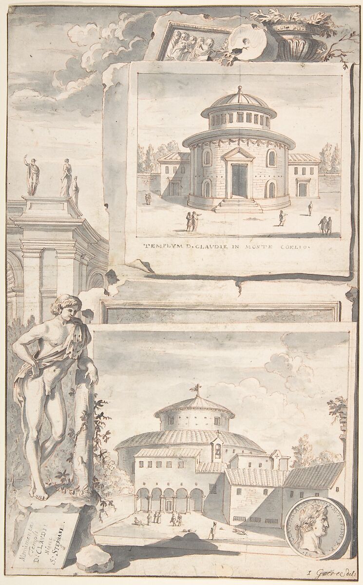 A Reconstruction of the Temple of Divus Claudius in Monte Coelio (above) and a View of the Ruins (below), Jan Goeree (Dutch, Middelburg 1670–1731 Amsterdam), Red chalk, pen and black ink, brush and gray wash 