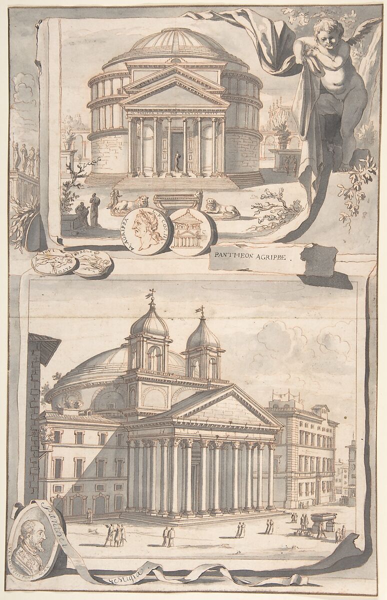 A Reconstuction of the Pantheon (above) and a View of its Appearance Around 1700 (below), Jan Goeree (Dutch, Middelburg 1670–1731 Amsterdam), Red chalk, pen and black ink, brush and gray wash 
