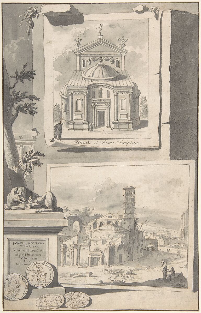 A Reconstruction of the Temple of Romulus and Remus (above) and a View of the Ruins (below), Jan Goeree (Dutch, Middelburg 1670–1731 Amsterdam), Pen and black ink, brush and gray wash, traces of red chalk 