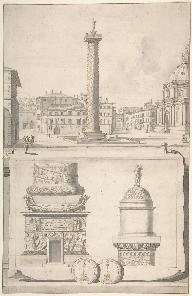 A View of the Column of Trajan (above) with Details (below), Jan Goeree (Dutch, Middelburg 1670–1731 Amsterdam), Brush and gray ink on gray wash, pen and black ink, over red chalk 