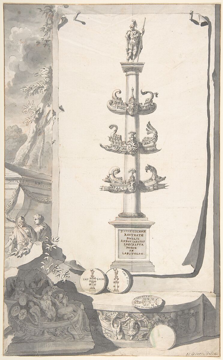 A Reconstruction of the Base of the Column Rostrata, Jan Goeree (Dutch, Middelburg 1670–1731 Amsterdam), Brush and gray ink and gray wash, pen and black and brown ink, red chalk 