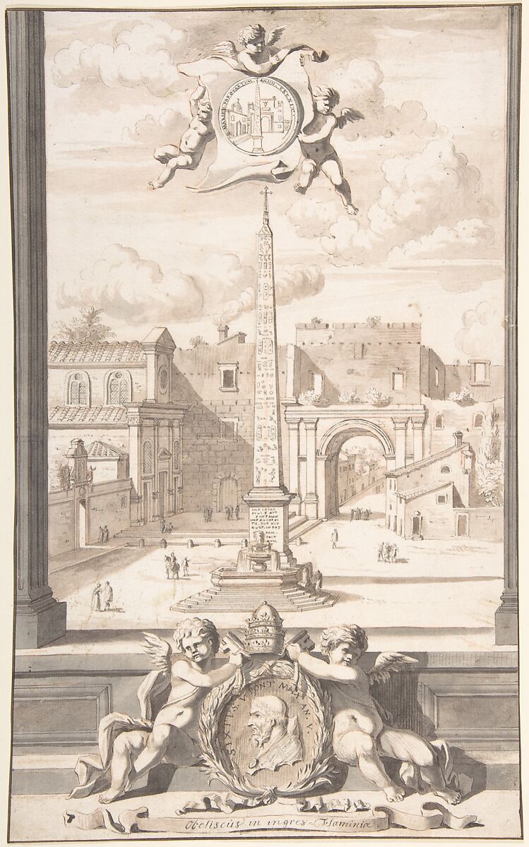 A Reconstruction of a View of the Obelisk at the Entrance of the Via Flaminia, Jan Goeree (Dutch, Middelburg 1670–1731 Amsterdam), Pen and black ink, brush and brown and gray wash, red chalk; incised 