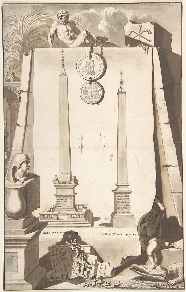 A View of Two Obelisks, One in the Vatican and the Other on the Esqualine Hill, Jan Goeree (Dutch, Middelburg 1670–1731 Amsterdam), Pen and black ink, brush and brown and gray wash, over red chalk; incised 
