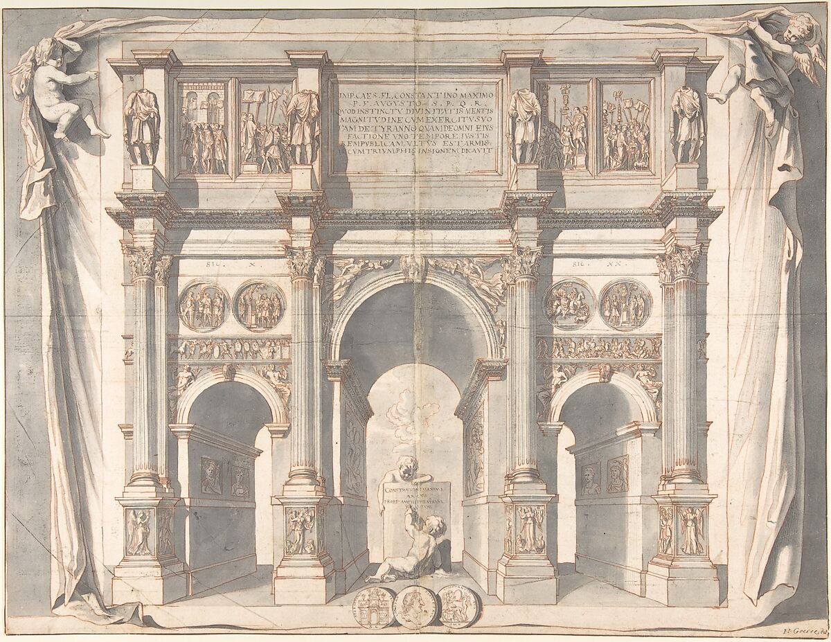 View of the Arch of Constantine, Jan Goeree (Dutch, Middelburg 1670–1731 Amsterdam), Red chalk, brush and gray ink and wash, pen and black ink; on two sheets of paper, joined at center 
