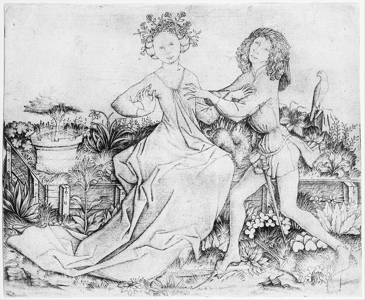 Pair of Lovers on a Grassy Bench, Master ES (German, active ca. 1450–67), Engraving 