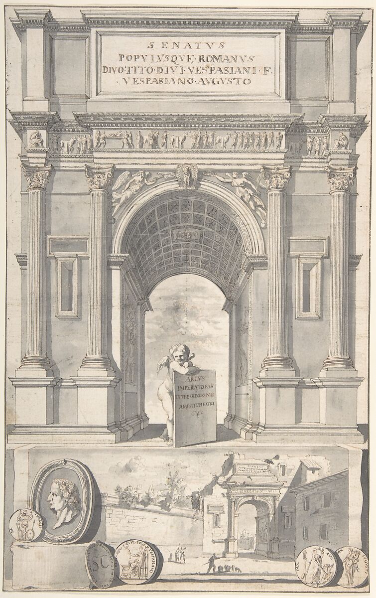 A Reconstruction of the Arch of Titus (above) and a View of the Ruins (below), Jan Goeree (Dutch, Middelburg 1670–1731 Amsterdam), Pen and black and brown ink, brush and gray wash, red chalk; incised? 