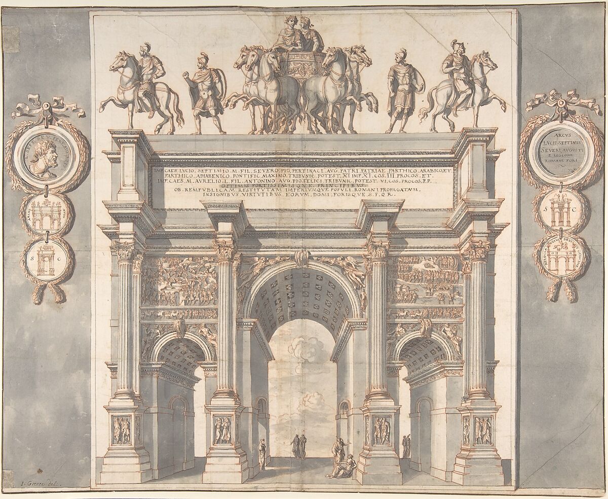 A Reconstruction of the Arch of Septimius Severus, Jan Goeree (Dutch, Middelburg 1670–1731 Amsterdam), Red chalk, pen and black ink, brush and gray wash. On two sheets of paper joined at center 
