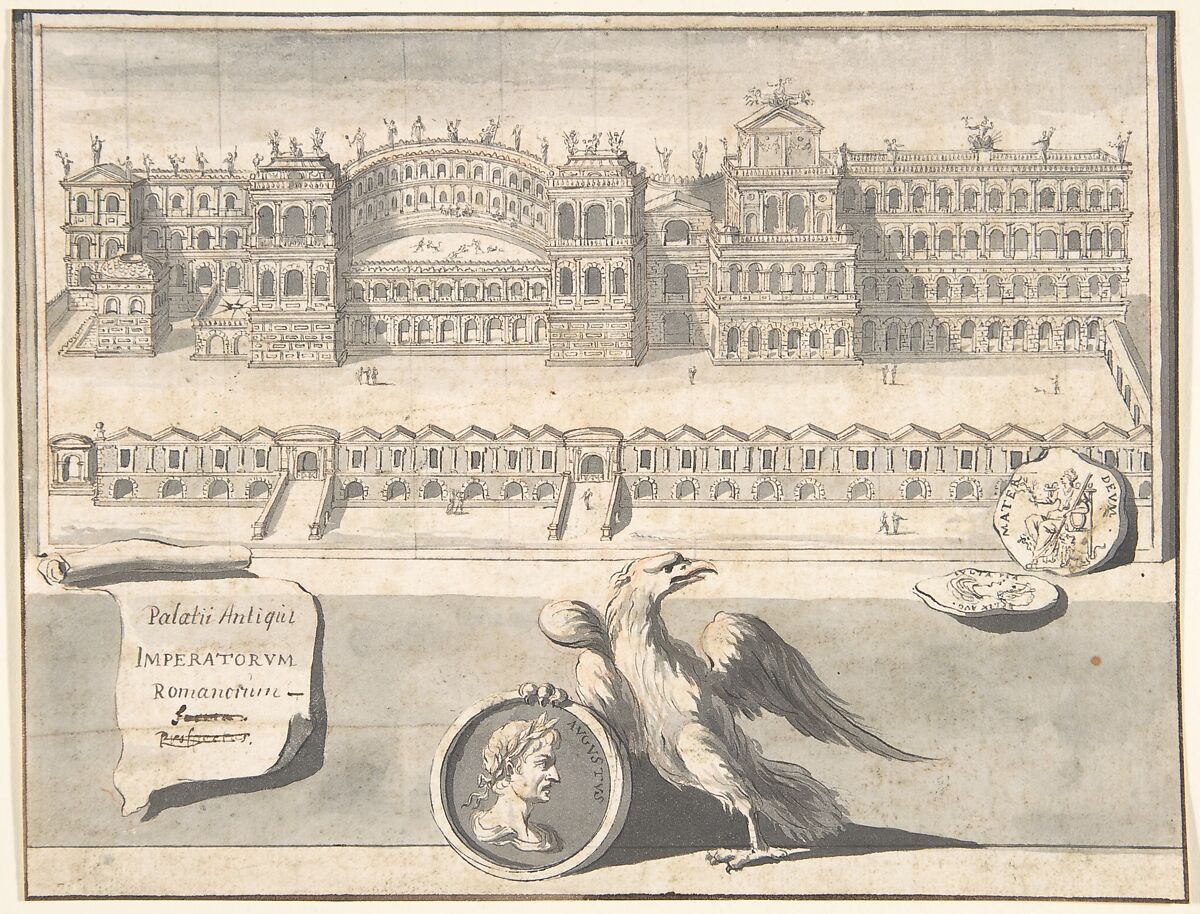 A Reconstructed View of the Palace on the Palantine Hill, Jan Goeree (Dutch, Middelburg 1670–1731 Amsterdam), Pen and black and brown ink, brush and gray wash, over traces of red chalk, squared with black chalk 