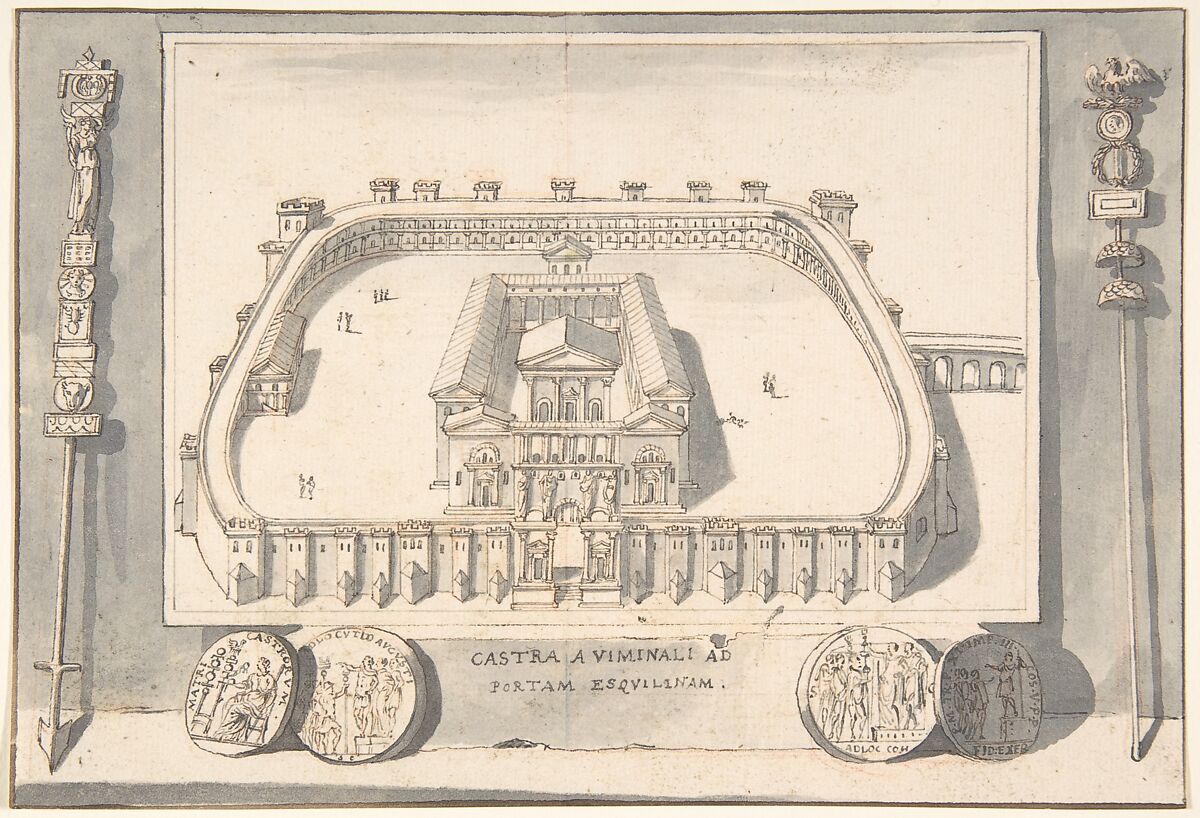 A Reconstruction of a Castle on the Viminal Hill at the Esqualine Gate, Jan Goeree (Dutch, Middelburg 1670–1731 Amsterdam), Pen and black and brown ink, brush and gray wash, over red and traces of black chalk 