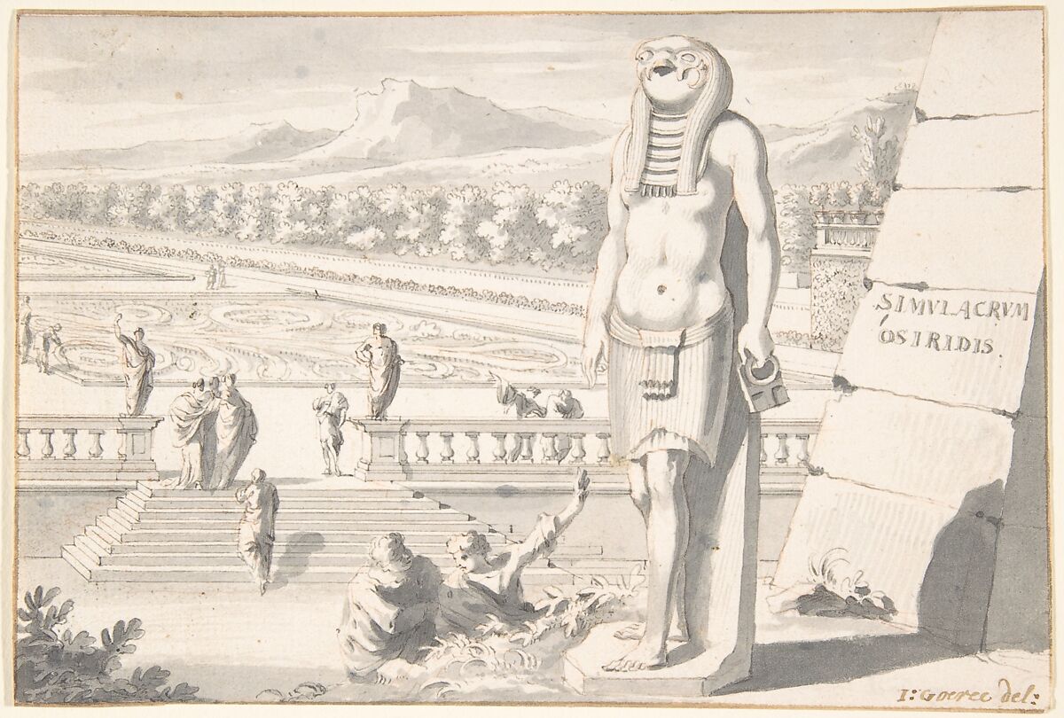 Statue of Osiris in a Garden, Jan Goeree (Dutch, Middelburg 1670–1731 Amsterdam), Pen and black and brown ink, brush and gray wash, over traces of red chalk 