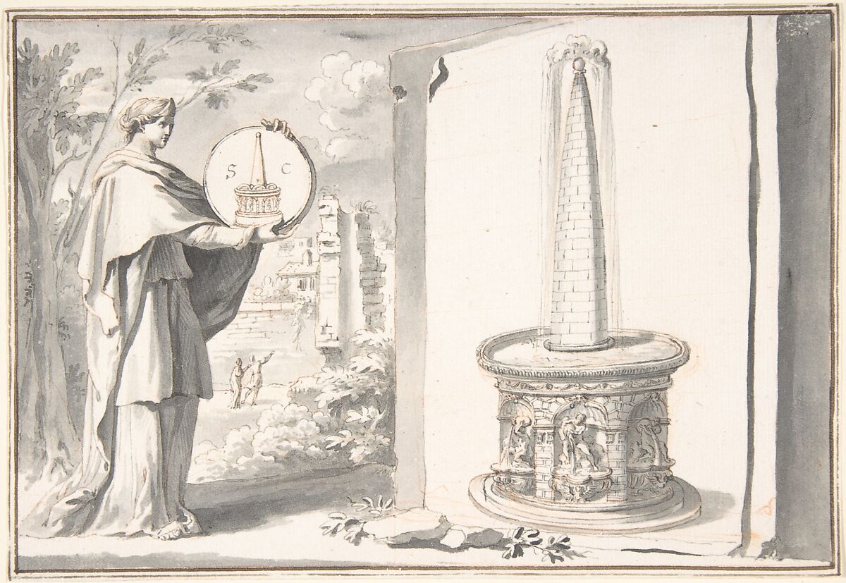 Female Figure Holding a Coin and Image of a Fountain, Jan Goeree (Dutch, Middelburg 1670–1731 Amsterdam), Pen and black and brown ink, brush and gray wash, over red chalk; incised 
