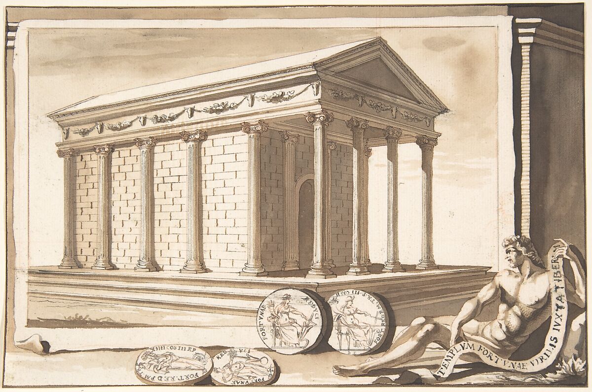 A Reconstruction of the Temple of Fortuna, Jan Goeree (Dutch, Middelburg 1670–1731 Amsterdam), Pen and black and brown ink, brush and brown wash, brush and gray ink, over red chalk, traces of black chalk; partly incised? 