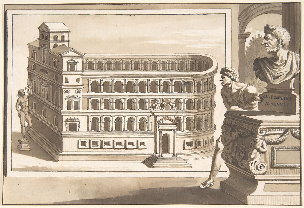 A Reconstruction of the Theatre of Pompey, Jan Goeree (Dutch, Middelburg 1670–1731 Amsterdam), Pen and black ink, brush and brown wash, over traces of red chalk 