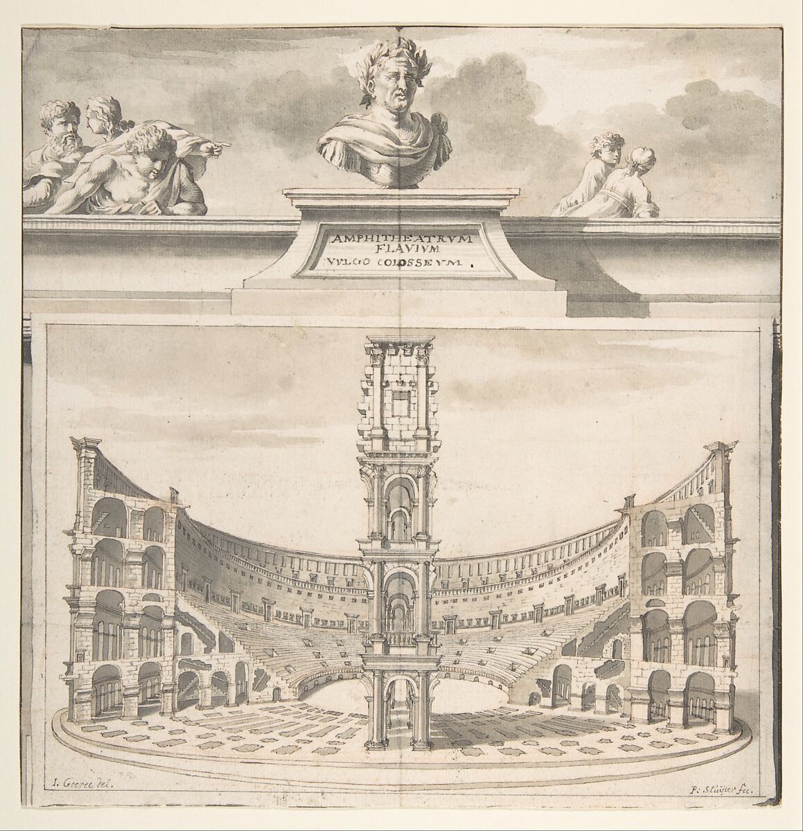 A Reconstruction of the Colosseum in Cross-Section, Jan Goeree (Dutch, Middelburg 1670–1731 Amsterdam), Pen and black and brown ink, brush and brown wash, over traces of red chalk; incised 