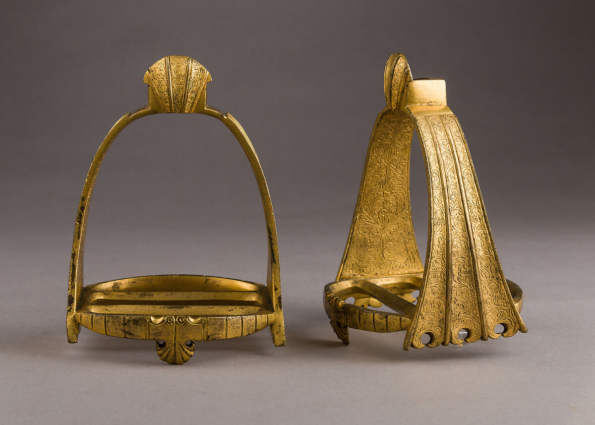 Pair of Stirrups, Copper alloy, gold, Italian 