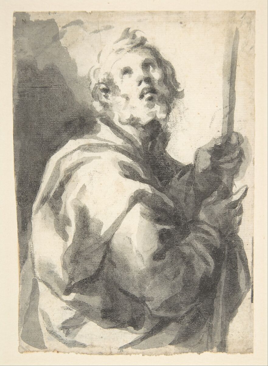 Male Saint with Staff, Half-Figure, Attributed to Francisco Herrera, the Younger ("El Mozo") (Spanish, Seville 1627–1685 Madrid), Brush and gray wash, over black chalk underdrawing on off-white paper 