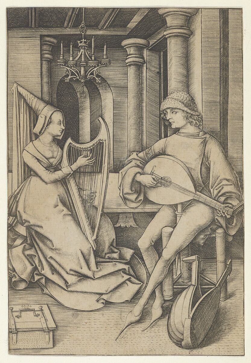 Lute Player and Harpist, from Scenes of Daily Life, Israhel van Meckenem (German, Meckenem ca. 1440/45–1503 Bocholt), Engraving 