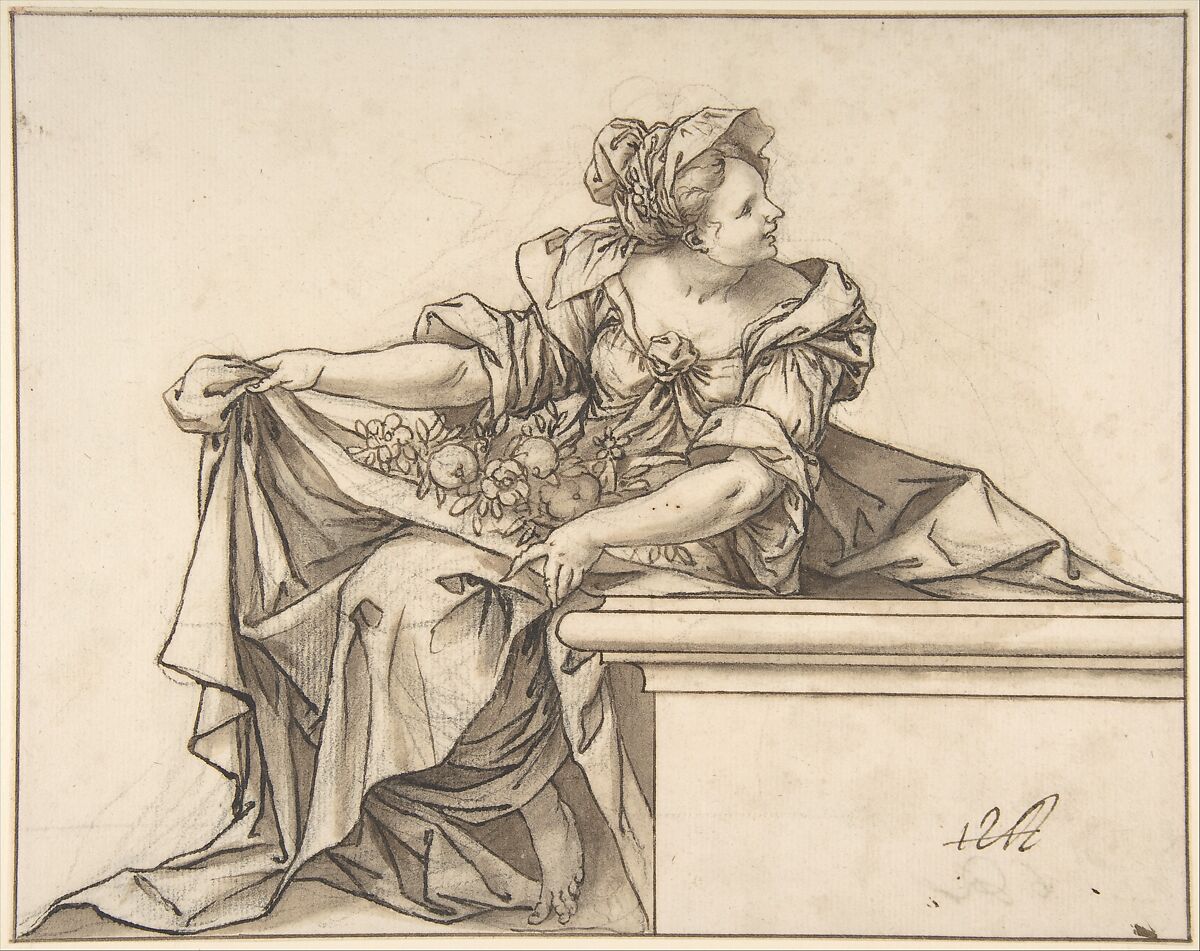 Female Personification of Summer or Abundance, Sebastián de Herrera-Barnuevo (Spanish, Madrid 1619–1671 Madrid), Pen and brown ink with brush and  brown wash over black chalk underdrawing on off-white paper. Composition outlined in pen and dark brown ink on all sides 