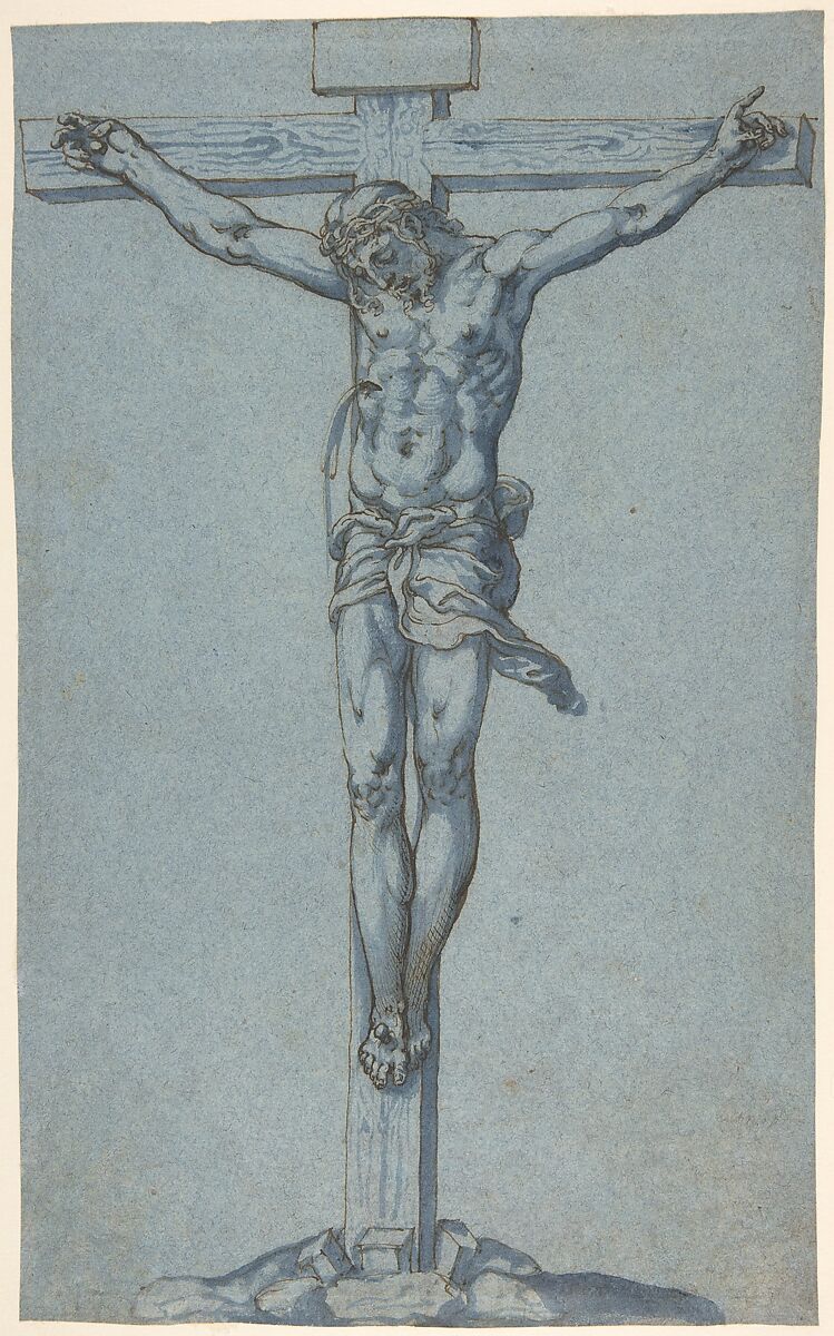 The Crucified Christ, (Attributed to) Diego Lopez de Escuriaz (Spanish, documented at Escorial, 1587–97, died ca. 1623 (?)), Pen and brown ink with brush and blue wash on blue paper 