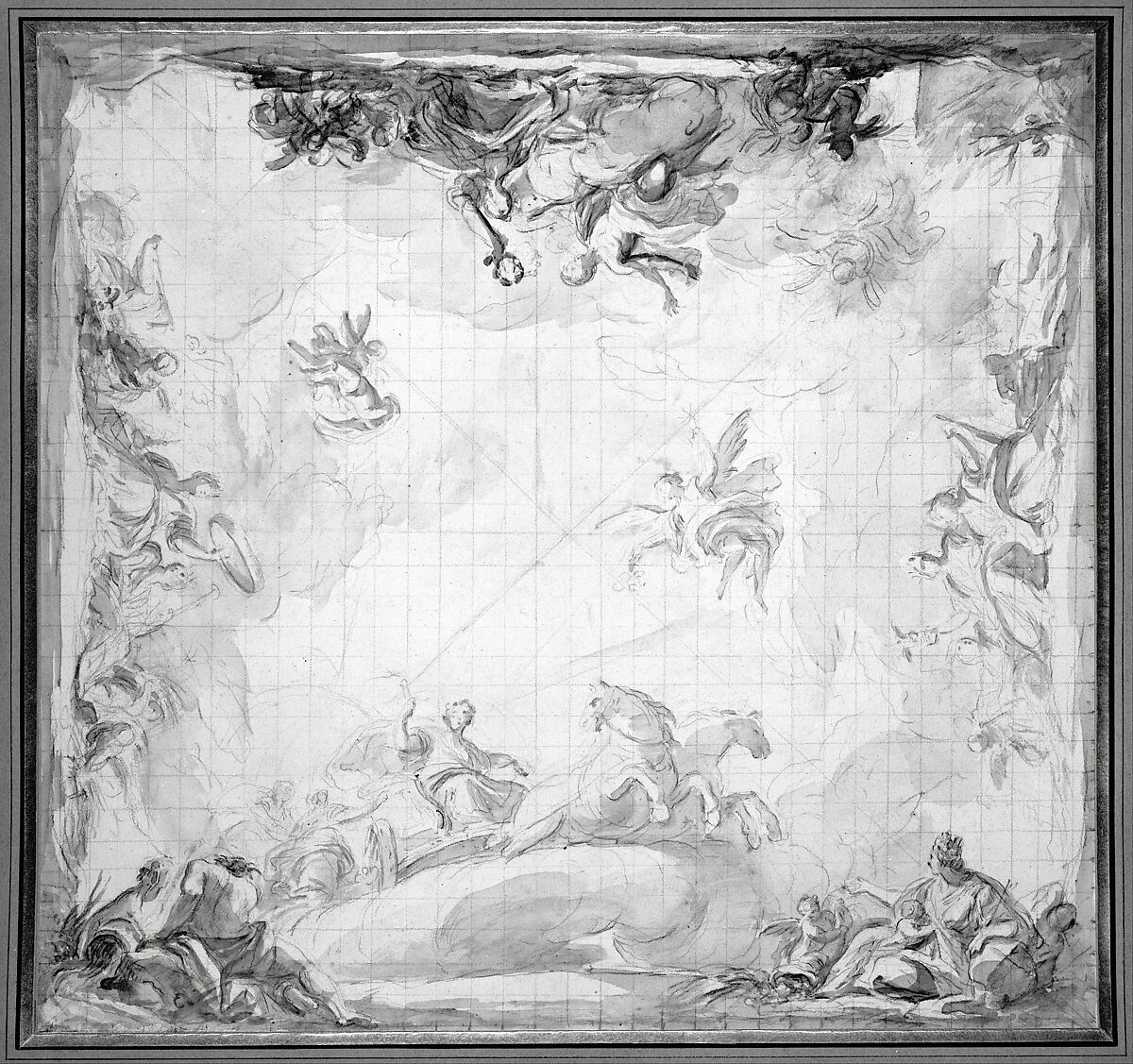 Design for a Ceiling, Mariano Salvador de Maella (Spanish, Valencia 1739–1819 Madrid), Black chalk, light brownish-yellow wash, squared for transfer in black chalk
