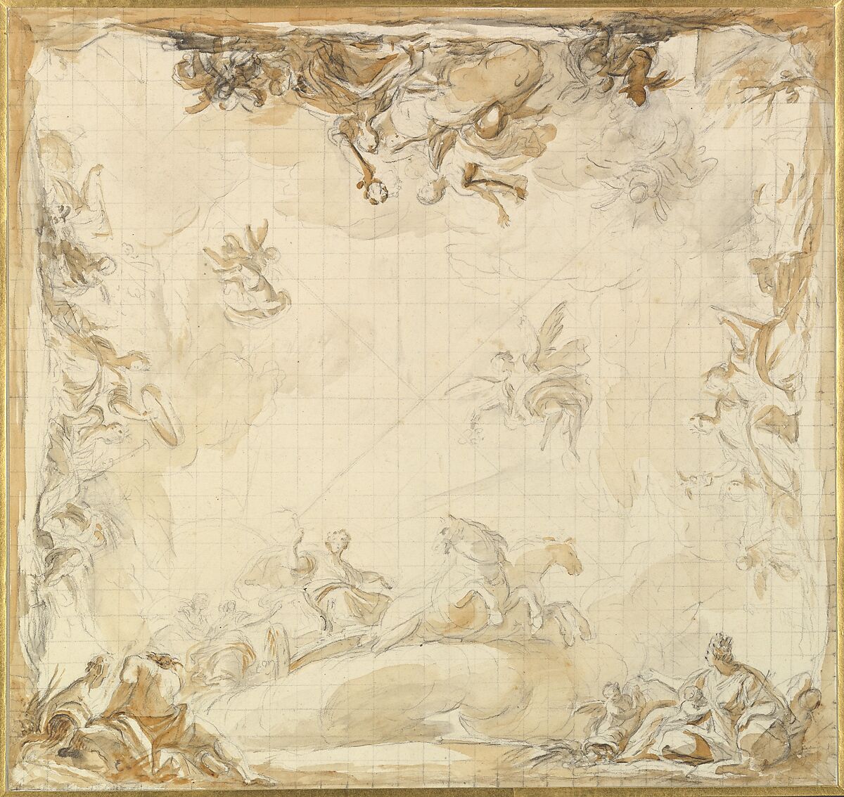 Design for a Ceiling, Mariano Salvador de Maella (Spanish, Valencia 1739–1819 Madrid), Black chalk, light brownish-yellow wash, squared for transfer in black chalk 