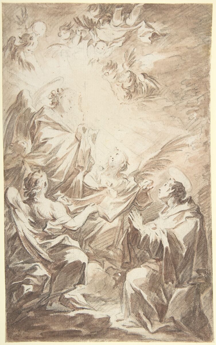 St. Paschal Baylon Adorning the Blessed Sacrament, Mariano Salvador de Maella (Spanish, Valencia 1739–1819 Madrid), Black chalk (verso); brush and brown wash over black chalk underdrawing (recto) on off-white paper 