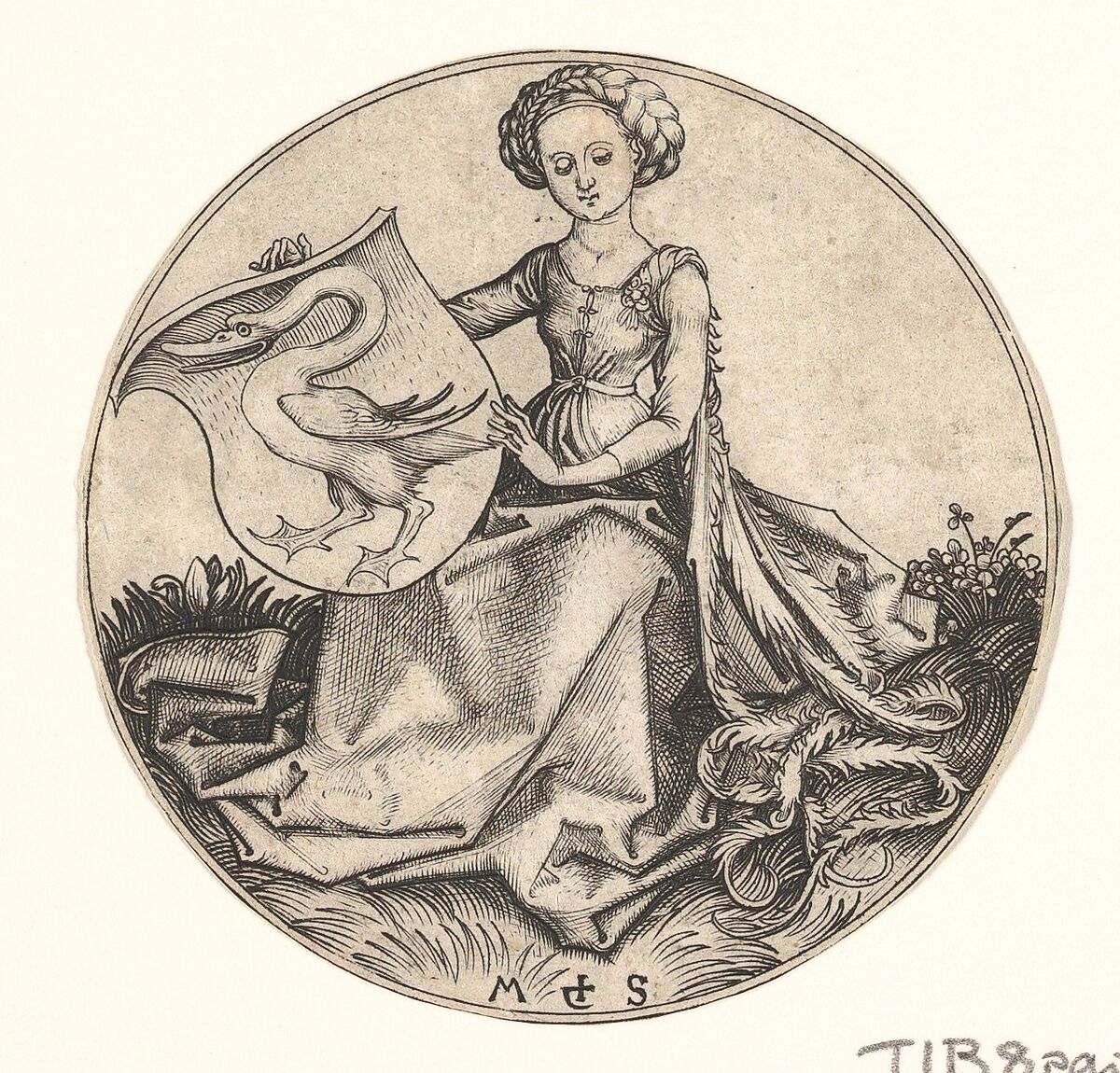 Shield with Swan Held by Woman, Martin Schongauer (German, Colmar ca. 1435/50–1491 Breisach), Engraving 