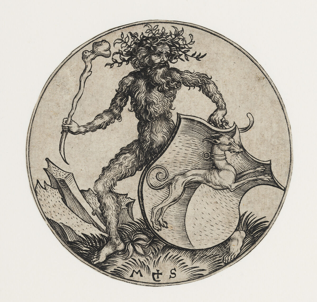 Shield with Greyhound Held by Wild Man, Martin Schongauer (German, Colmar ca. 1435/50–1491 Breisach), Engraving 