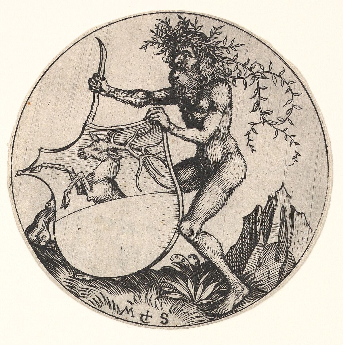 Shield with Stag Held by Wild Man, Martin Schongauer (German, Colmar ca. 1435/50–1491 Breisach), Engraving 