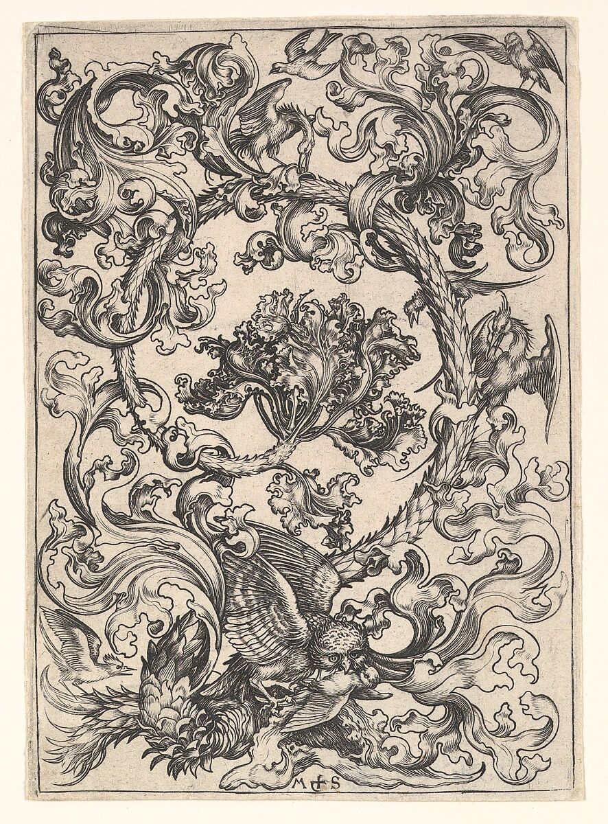 Ornament with Owl Mocked by Day Birds, Martin Schongauer (German, Colmar ca. 1435/50–1491 Breisach), Engraving 