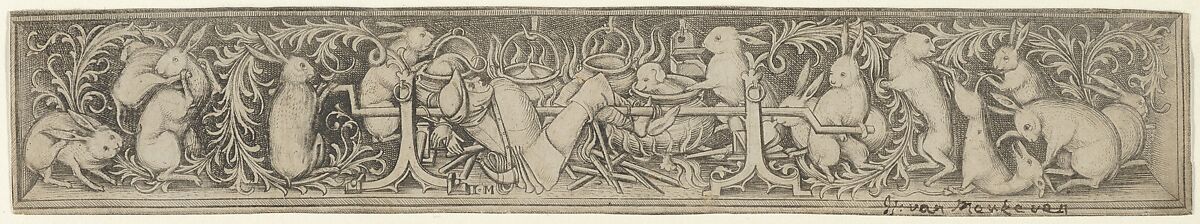 Hares Roasting the Hunter, Israhel van Meckenem (German, Meckenem ca. 1440/45–1503 Bocholt), Engraving 
