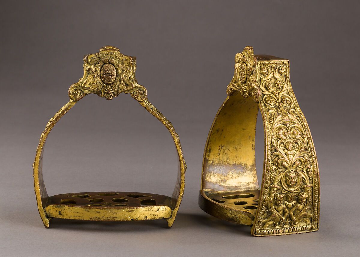 Pair of Stirrups of Paolo Odescalchi (?–1585), Bishop of Penne and Atri, Copper alloy, gold, tin, Italian 