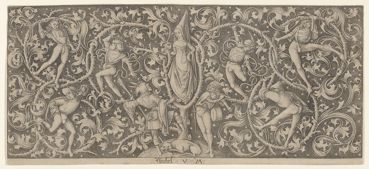 Panel of Ornament with Dance of Lovers, Israhel van Meckenem (German, Meckenem ca. 1440/45–1503 Bocholt), Engraving 